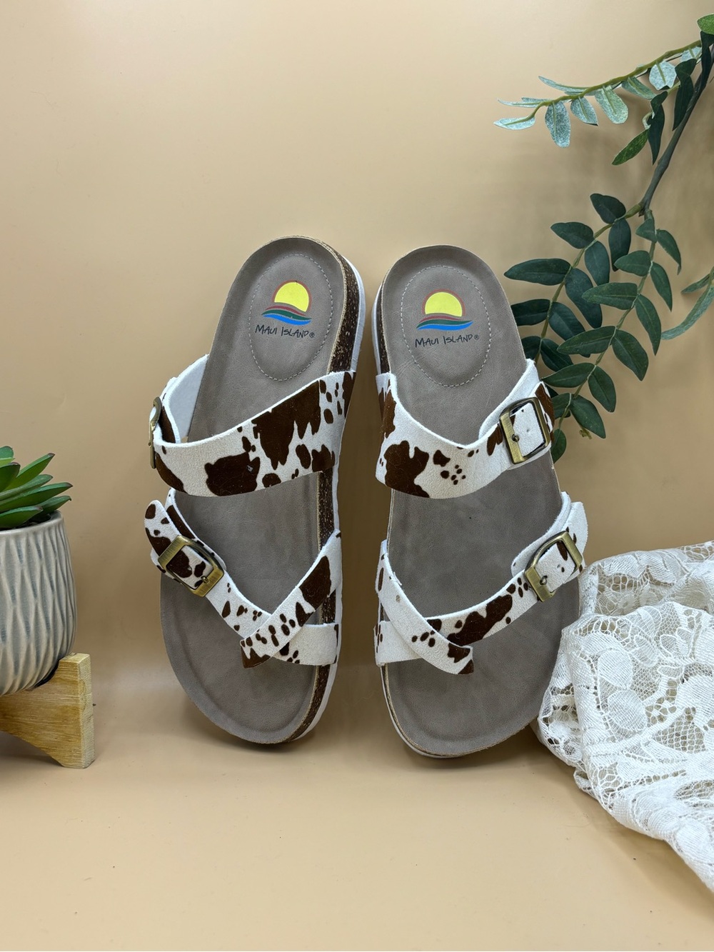 Maui Island Cow Print Double Strap Sandals